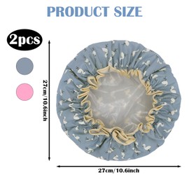 2Pcs Shower Cap, Double Layer Elastic Band Reusable Shower Caps for Women Uk, Waterproof Shower Caps with Ruffled Edge Covering Ears, Shower Cap for Women and Girls Spa Salon Home