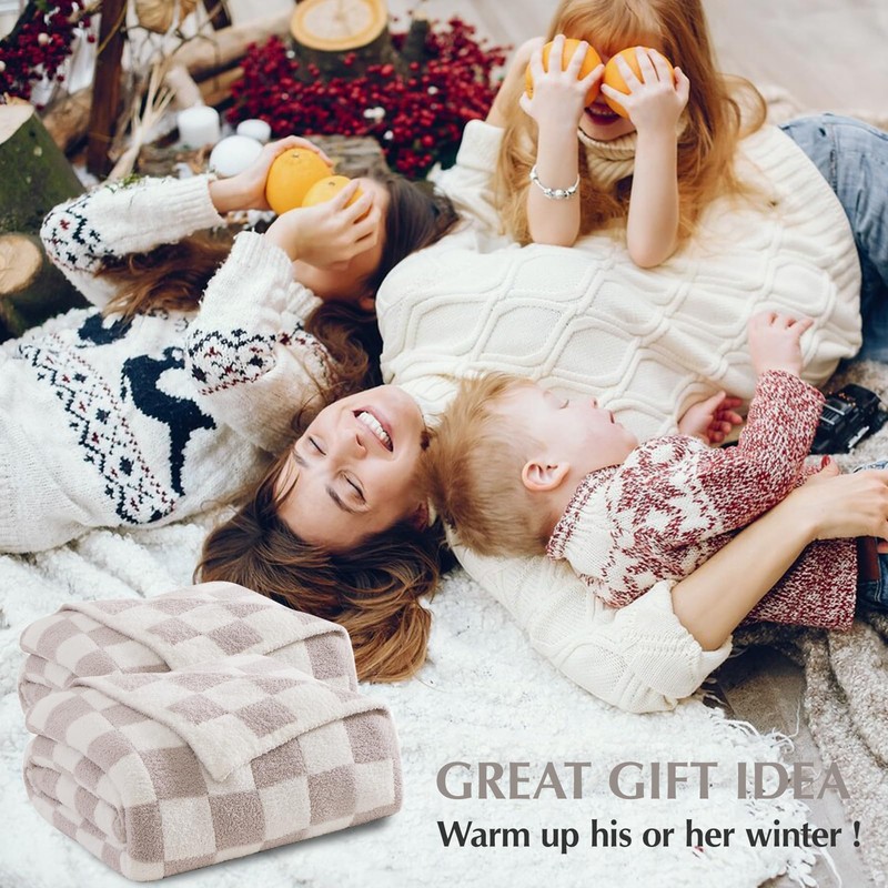 WRENSONGE Checkered Throw Blanket, Taupe Microfiber Soft Cozy Fluffy Warm