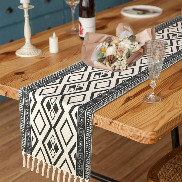 Yugarlibi Dark Grey Table Runner with Tassels, Geometric Wrinkle Resistant Autumn Table Runner for Dining Table Room Party Wedding Banquet Buffet 70x14 Inches (180x35 cm)