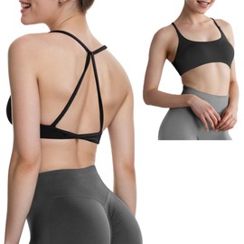 JN JANPRINT Strappy Sports Bras Backless Gym Bra Medium Support Removable Padded Criss Cross Yoga Crop Top Black