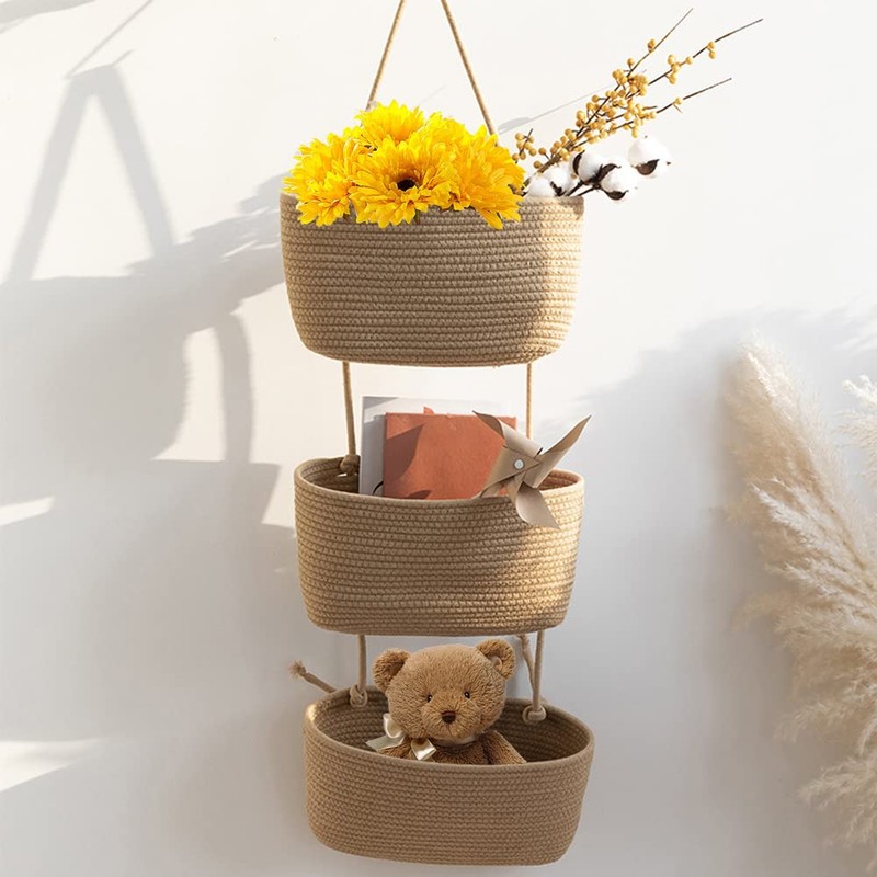 TeoKJ Over the Door Hanging Basket, 3-Tier Woven Cotton Wall-Mounted