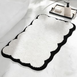 ELDONE Cute Scalloped Bathroom Rugs, Microfiber Tufted Bath Mats, Fun White and Black Bathmat for Bath Room Bathtub Shower, Preppy Trendy Bathroom Mat for Sink Bedroom, 30" x 20"