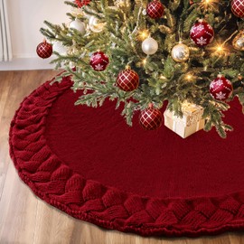 MEIVINES 48 Inch Christmas Tree Skirt,Cable Knit Tree Skirt for 7.5FT Tree,Red Vintage Rustic Farmhouse Tree Skirt Christmas Decorations for Home Party Holiday Ornaments Christmas Decor (Red)
