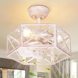 Wheatronic 16.5 inch Ceiling Fans with Lights and Remote, Industrial Bedroom Fandelier Ceiling Fans with Lights, White Cage Farmhouse Ceiling Fan with Light, Bedroom, Living Room, Kitchen