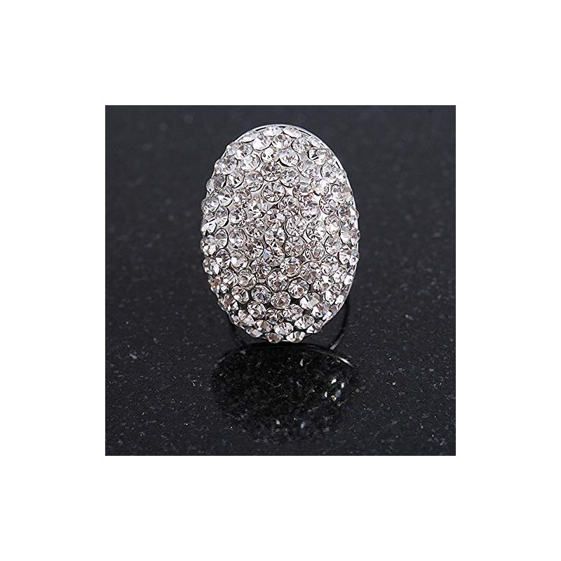 Oval Dome Shape Clear Crystal Ring/Silver Tone Metal/ 30mm Long/Size