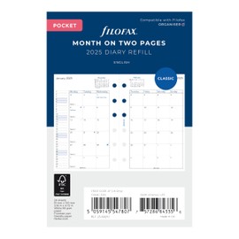 Filofax Calendar Diary Refill, Pocket Size, Month-to-View, White Paper, English, 2025 (C68210-25)