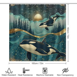 TIKRBMLB 4Pcs Playful Whale Orcas Shower Curtain, Night Scenery Star Moon Forest Shower Curtain Sets with Toilet Lid Cover, U-Shaped Mat and Non-Slip Rugs, Bathroom Decor Set, 72" x 72"