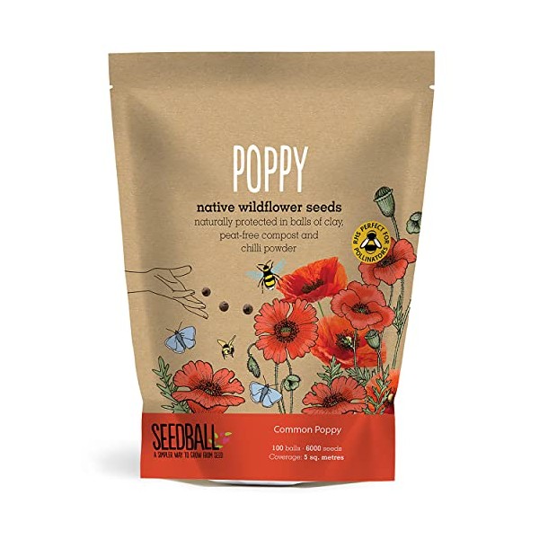 SEEDBALL Poppy Seed Bombs (Grab Bag) â 100 Seed Balls Per Pack | Bursting with Beautiful Red Poppy Flowers | Clay Protected Seed Bomb for Bees, Butterflies, Birds & Other Garden Wildlife