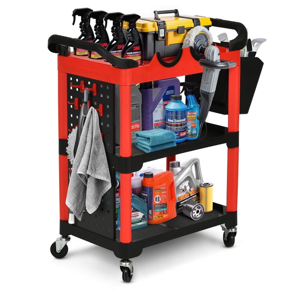 DWVO Auto Detailing Cart with Wheels, 3-Tier Rolling Tool Organizer