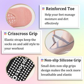 Onefatchoy Pilates Socks For Women Non Slip With Grips Straps Sticky Gripper Workout Sock for Pilates, Barre, Ballet, Dance, Gym, Home Breathable Toe Grip Socks for Exercise Fitness 3 Pairs