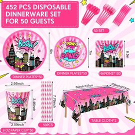 Funnymoom 219 Pcs Super Girl Birthday Party Decorations Pink Comic Hero Plates Napkins Cups Tablecloth Cutlery Straw Disposable Tableware Set for Hero Birthday Baby Shower Party Supplies, Serves24