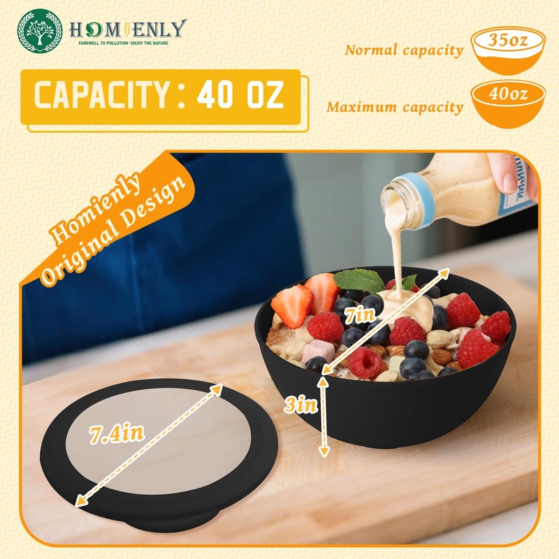 Homienly Wheat Straw Bowls with Lids, Unbreakable 40 OZ Salad