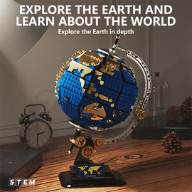 World Map Block Puzzle Set (1455 Pieces), Spinning Globe Model Set, STEM Education Toys for Children, Geography Learning Games, Birthday Presents for Boys and Girls 8-12-14 Years Old