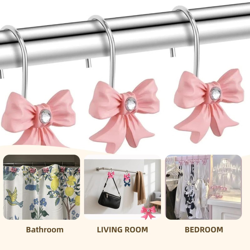 12PCS Decorative Shower Curtain Hooks with Shining Diamond,Rust Resistant Pink