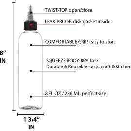 BRIGHTFROM Twist Top (Black) Applicator Bottles, 8 OZ Crystal Clear, Squeeze Empty Plastic Bottles, BPA-Free, PET, Refillable, Open/Close Nozzle - Multi Purpose (Pack of 2)