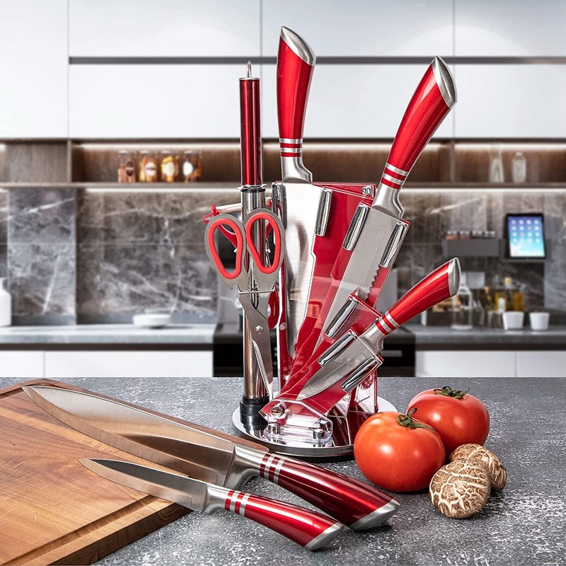 Kitchen Knife Set, 9-Piece Red Knife Set with Acrylic Block,