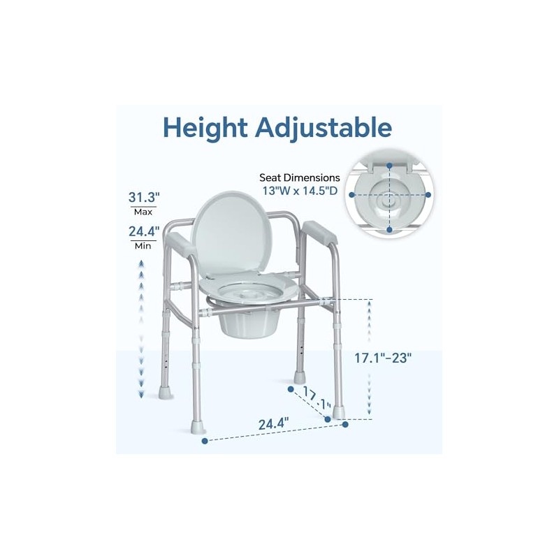 HOMLAND 3-in-1 Bedside Commode Chair with Sturdy Dual-Crossbar Support Construction,