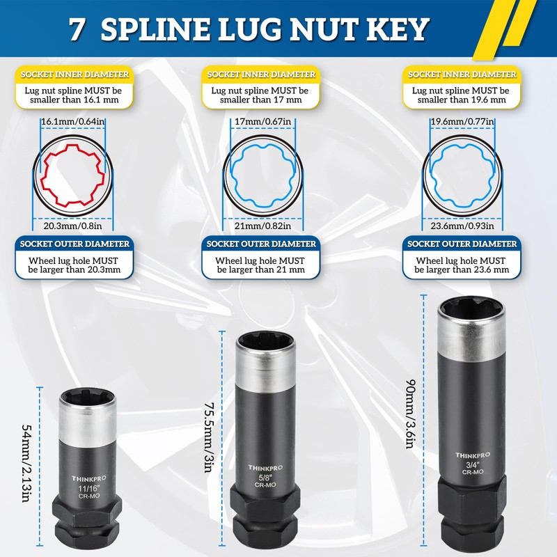 Thinkpro 7 Spline Lug Nut Socket Set,3 Piece 7 Point