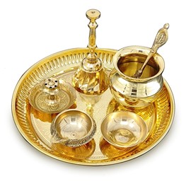NOBILITY Brass Pooja Thali Set Small 6 Inch Puja Thali with Pital Plate Kalash Kuber Diya Chandan Wati Agarbatti Stand Ghanti Palli Arti Thali for Diwali Home Office Mandir Wedding Return Gift Items
