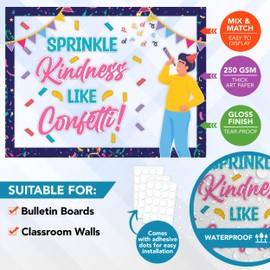 Decorably 101 Pcs Cutouts Sprinkle Kindness Bulletin Board Decorations Set with Borders, Confetti Classroom Decor - School, Homeschool