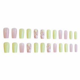 MISUD Press on Nails Long Square Fake Nails Glossy Glue on Nails Summer Yellow Acrylic Nail Supplies Squoval Artificial Nail Art Flower Rhinestone Stick on False Nails with Design DIY 24 pcs