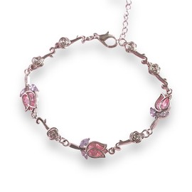 Elegant Tulip Bracelet - Pink Stone Tulips & Rose Accents - Delicate Floral Design - Adjustable Brass Bracelet (Silver)