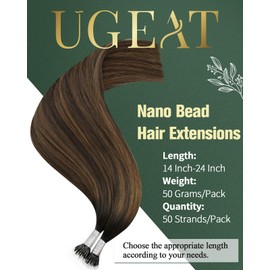 Ugeat Nano Ring Hair Extensions for Women Brown Balayage Nano Bead Hair Extensions Human Hair Dark Brown Mix Medium Brown Balayage Real Human Hair Extensions for Women 20inch 50G 50S