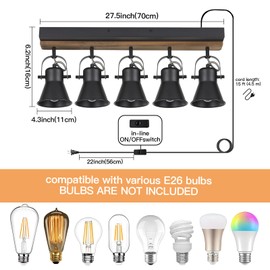 KEESFU 5-Light Plug in Track Lighting Kit,Black Semi Flush Mount Ceiling Light with 5 Rotatable Light Heads,Modern Farmhouse Lighting for Livingroom,Bedroom,Hallway,Art Wall,Bathroom,Kitchen.