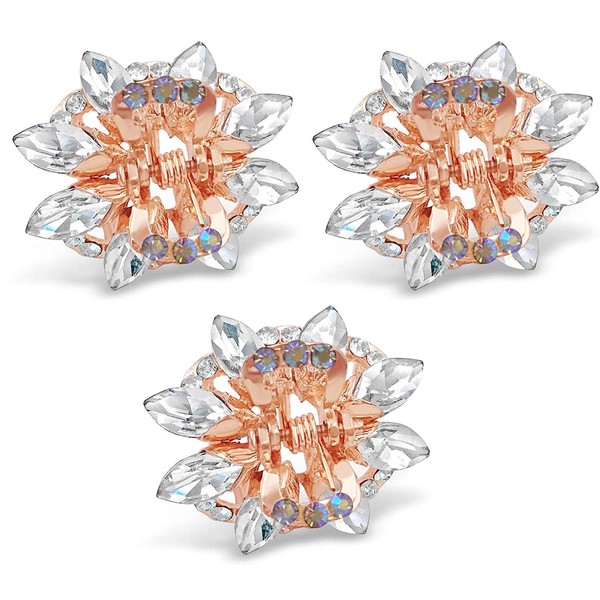Zeayebsr 3 Pack Crystal Rhinestone Rose Gold Small Metal Hair Clips for Women Girls (White)