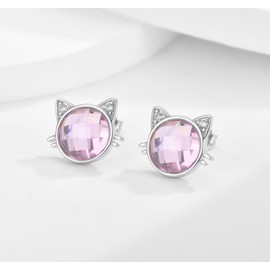 Sterling Silver Cat Stud Earrings for Women Girls, Hypoallergenic Silver Cute Cat Face Stud Earrings with Pink Cubic Zriconia Jewelry Gifts for Teens Kids
