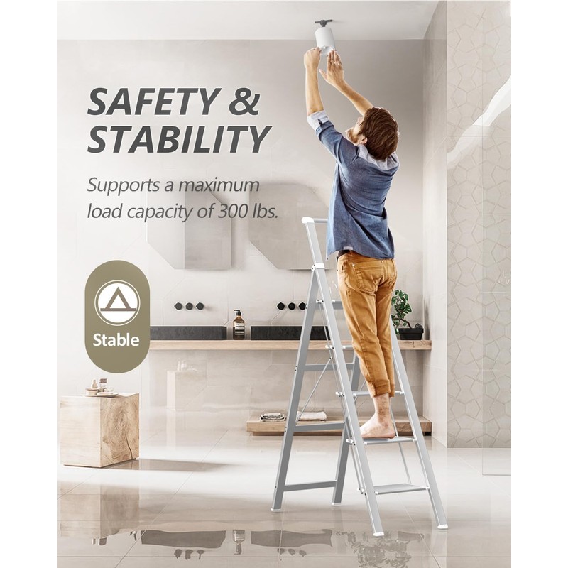 SOLADDER 5 Step Ladder, Folding Step Stool, White Foldable Iron