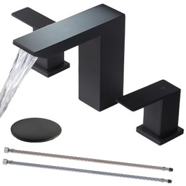 VESLA HOME Black Bathroom Faucet, 8 Inch Widespread Matte Black Bathroom Sink Faucet, 3 Hole Waterfall Vanity Faucet with Pop-Up Drain and Hoses for Bathroom Sink Vanity Rv