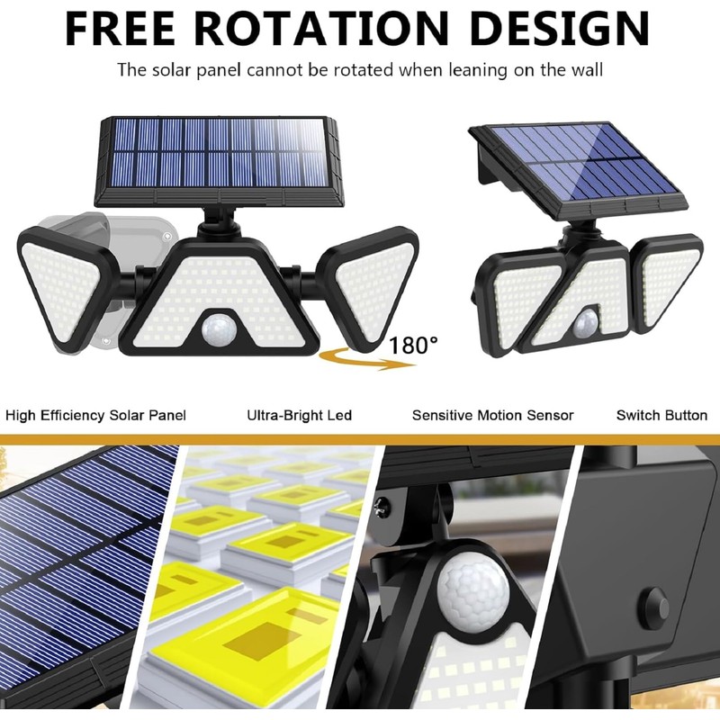 ZOOKKI Solar Outdoor Lights, 3 Heads Motion Sensor Outdoor Lights,