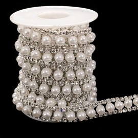 FQTANJU 1 Yard Crystal Rhinestone Trim Chain 2 Rows Crystal Chain Banding Diamond Inlaid White Pearl Beaded Rhinestones Applique for DIY Clothing Wedding Decorations and Bridal Embellishments
