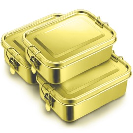 3-Pack 850ml (28.7 oz) Stainless Steel Gold Color Bento Lunch Box Containers with Lids - Waterproof Metal Food Storage - Snack Prep Trays and Tiffin Carriers