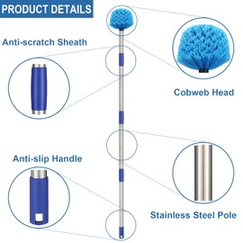 Cobweb Duster with Pole, 10ft Stainless Steel Pole Cobweb Brush with Medium-Stiff Bristles for Walls Beams Shelves Iight Fixtures and Window Screens