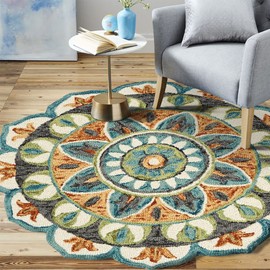 LR Home 5ft Round Indoor Wool Area Rug for Home Decor | Rugs for Living Room, Bedroom, playroom, entryway, Office | Hand Woven Modern Farmhouse Large Boho Area Rug for Room Decor | Rust/Teal