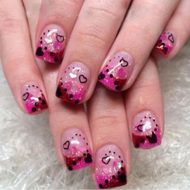 24Pcs Heart Press on Nails Short Square Valentines Fake Nails Romantic Style Pink Red French Tip Glue on Nails with Glossy Designs Full Cover Acrylic Nails for Women DIY Valentines Nail Decor