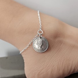 CoinageArt -Silver Sixpence Coin Anklet -.925 Sterling Silver Anklet -Blue Dumortierite -Lucky Sixpence -Sixpence for Bride -Something Blue 5198