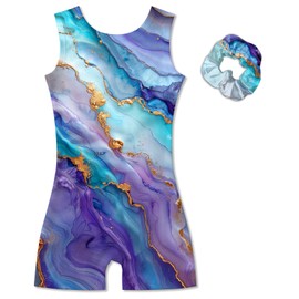 Vogseek Leotards for Girls Size 12 Youth Girls' Blue Purple Marble Gymnastics Biketards with Short for 11 Years Teen Girl's Sparkle Dots Drift Matching Scrunchie Ballet Dance Outfits
