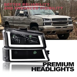 CROSSDESIGN LED Headlight Assembly Compatible with 2003-2006 Chevy Silverado 1500 2500 3500 HD Model/Avalanche 1500 2500(Fit No Cladding only) Clear Lens Black Housing Clear Corner