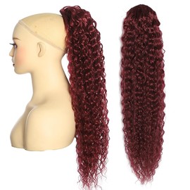BALINGHAIR Deep Wave Ponytail Extension for Women 24 Inch Wine Red Curly Wavy Ponytail Hair Extensions Drawstring with Clips Short Synthetic Hairpiece for Daily and Party