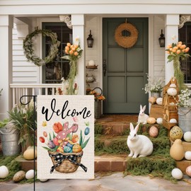 Welcome Easter Garden Flag 12x18 Inch Double Sided Outside Bunny Easter Eggs Tulip Floral Yard Holiday Decoration Flag