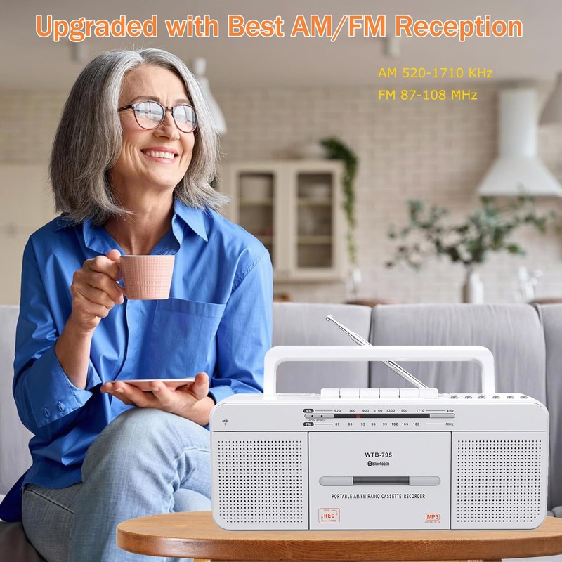 Cassette Player Boombox, Portable AM/FM Radio Stereo with Bluetooth, USB,