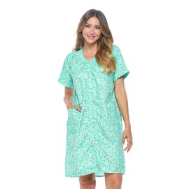 Casual Nights Womens Snap Front House Dress Short Sleeve Woven Housecoat Duster Lounger Robe, Garden Green, Large