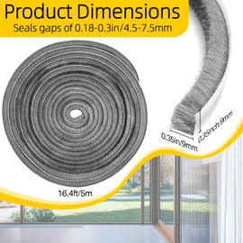 RAINFLOW Weather Stripping Door Seal-16.4Ft Weather Stripping,Self-Adhesive Pile Weather Stripping Seal for Windows and Door Frames,Grey.0.35" Wide x 0.35" Thick