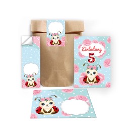 Junapack 12 Invitation Cards for 5th Children's Birthday Girl's Fifth Birthday Ladybird Including 12 Envelopes, 12 Bags/Natural, 12 Stickers