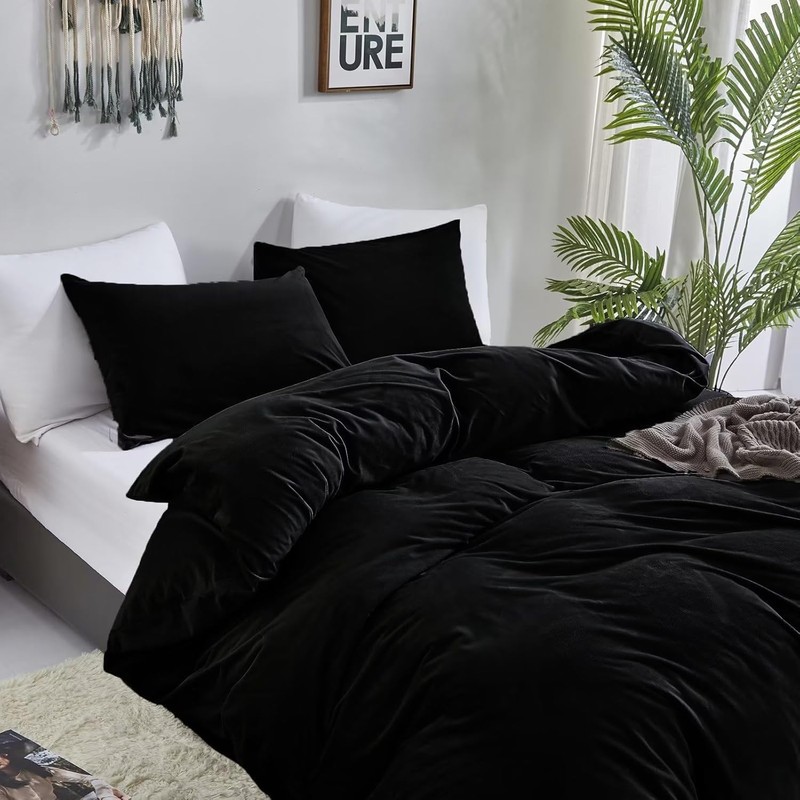 KAREVER Black Velvet Comforter Set - Cal King Flannel Bedding