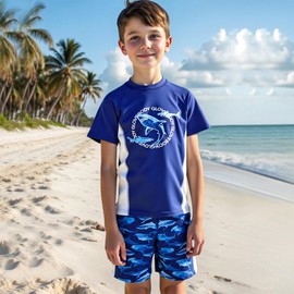 WYTbaby Boys Swimming Costume Two Piece Short Sleeve Kids Rash Guard with Board Shorts Boys Swimwear Sets 8 Years Blue