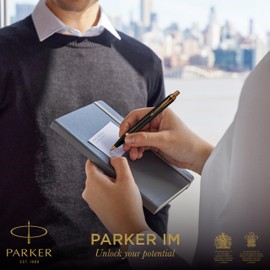 PARKER IM Ballpoint Pen | Grey Lacquer with Gold Trims | Medium Point | Blue Ink Refill | Gift Box | Perfect Graduation Gifts